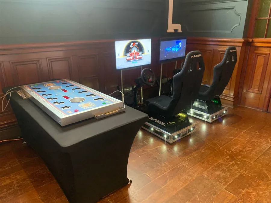 Racing simulators at a party in a heritage venue